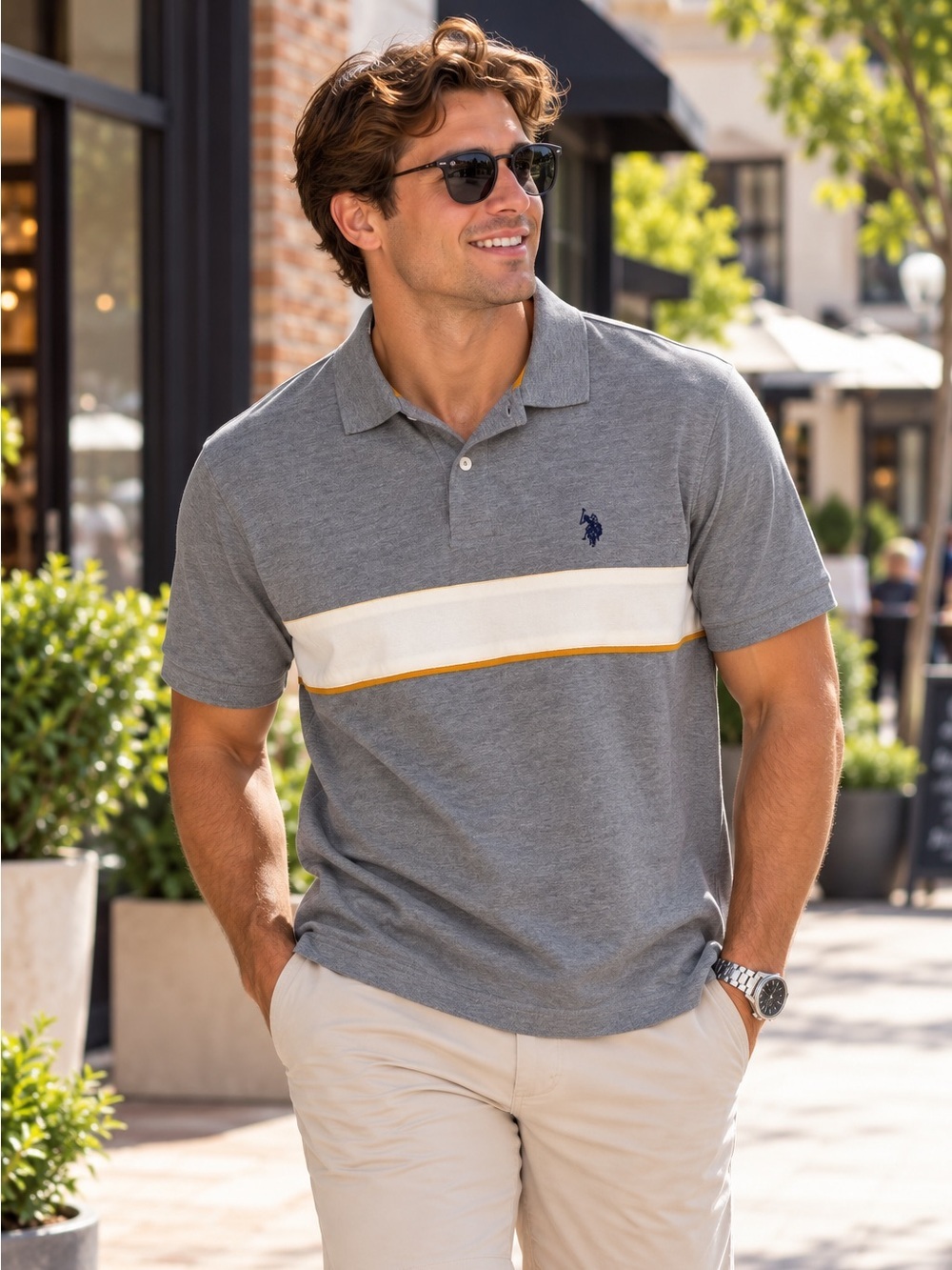 NWT U.S. Polo Assn Men M Gray White Colorblock Stripe Polo Shirt Embroidered